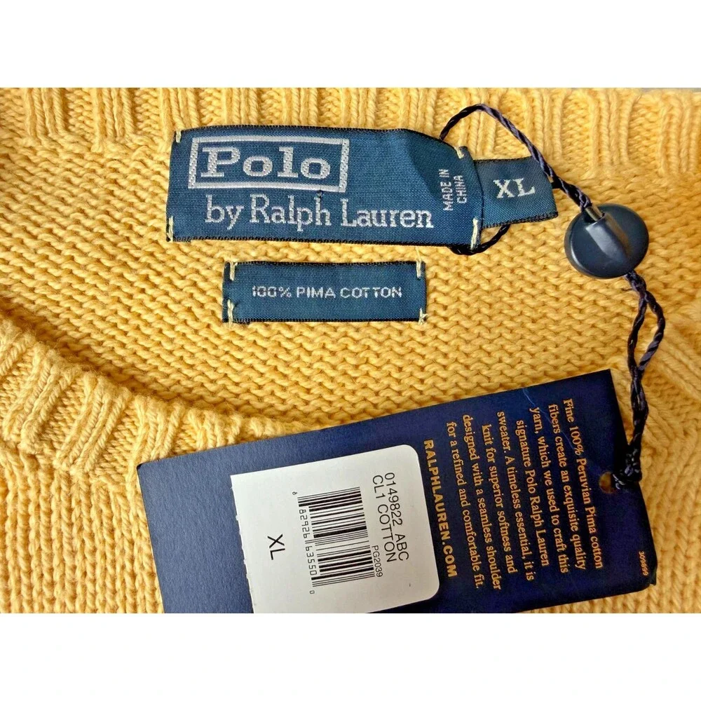 Polo Ralph Lauren Mens XL Pima Cotton Crewneck Sweater Yellow NWT Pony Logo